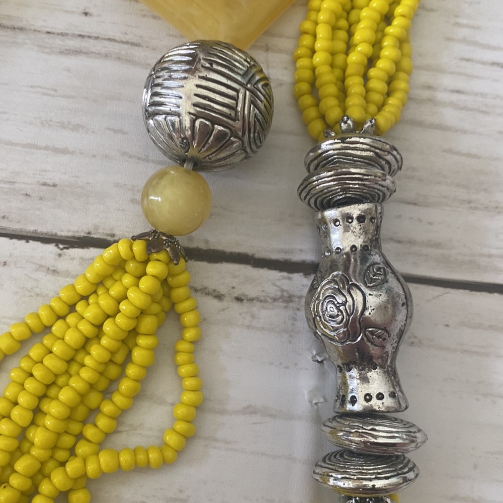 Yellow And Gray Beaded Long Statement Necklace - image 2